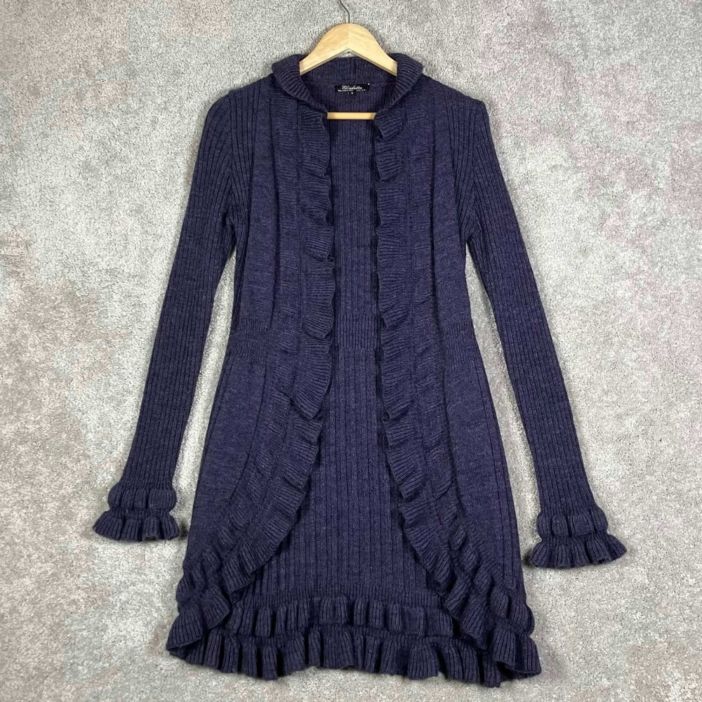 Elisabetta Collection Purple Ruffle Trim Mohair Wool Blend Ribbed Cardigan Small